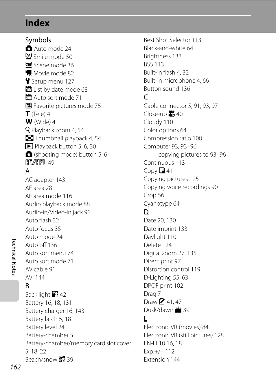 Index | Nikon S230 User Manual | Page 174 / 180