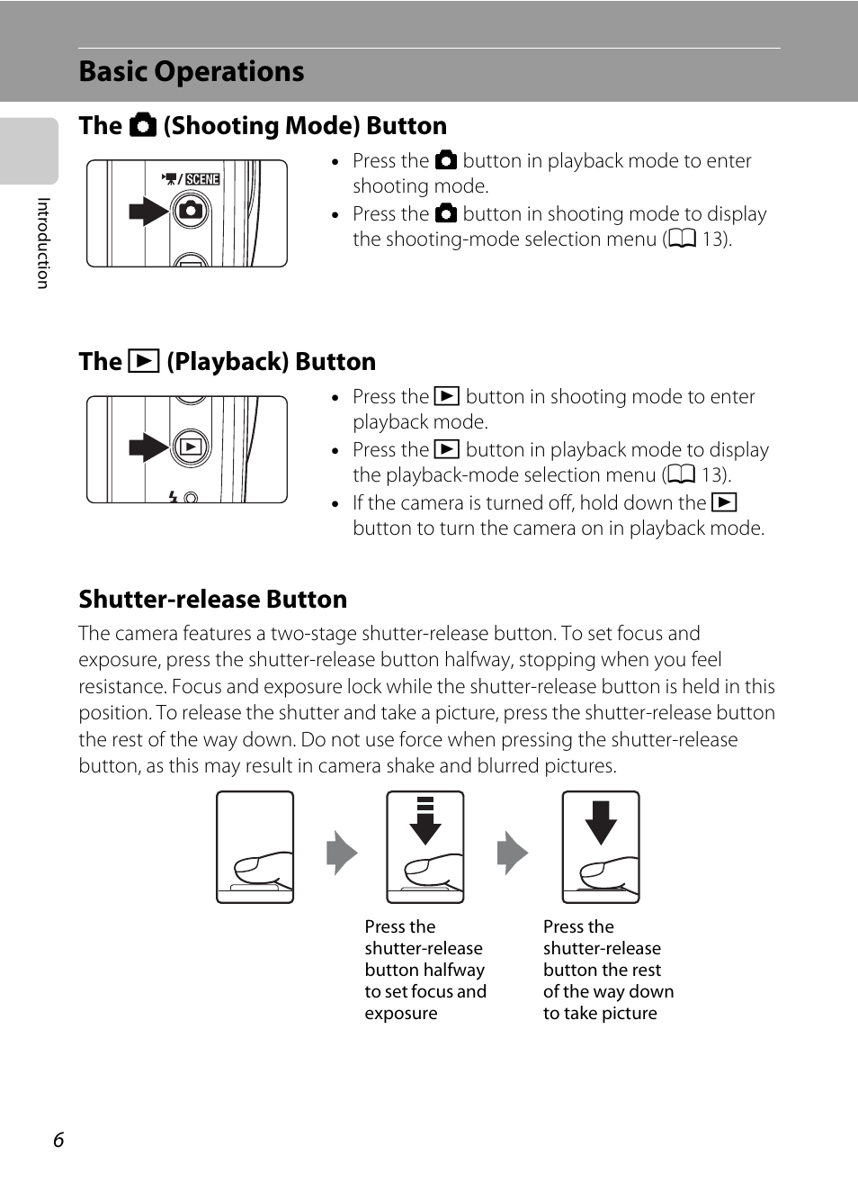 Basic operations, The shooting mode button, The playback button | Shutter-release button, The a (shooting mode) button the, C (playback) button | Nikon S230 User Manual | Page 18 / 180