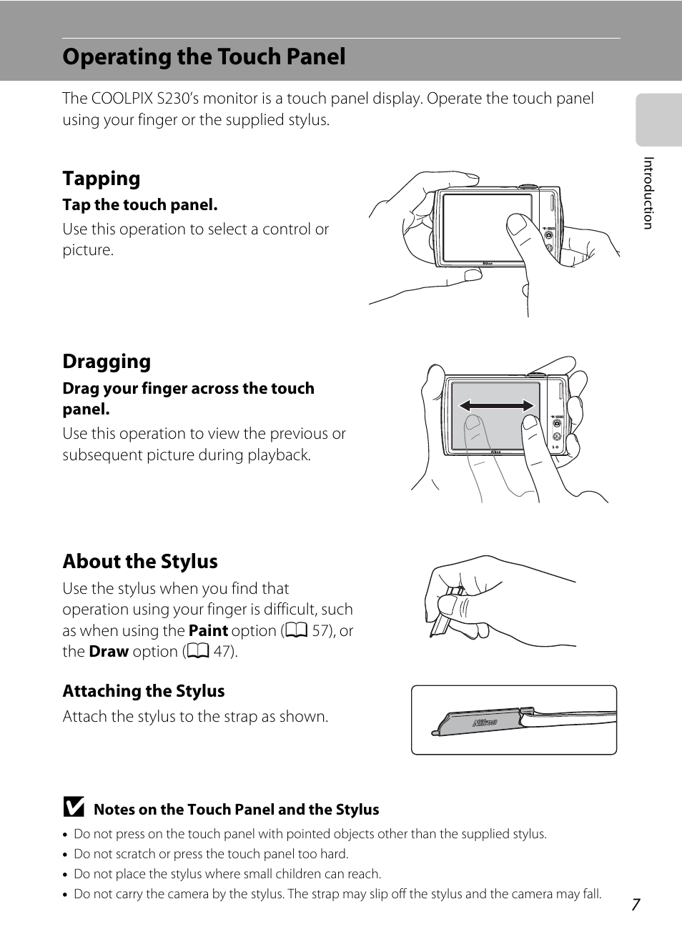 Operating the touch panel, Tapping, Dragging | About the stylus, Tapping dragging about the stylus | Nikon S230 User Manual | Page 19 / 180