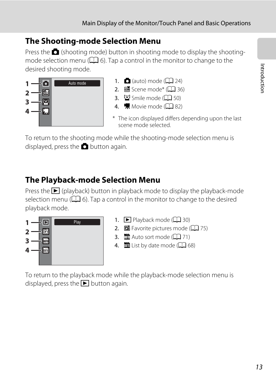 The shooting-mode selection menu, The playback-mode selection menu, A 13) | Ction menu | Nikon S230 User Manual | Page 25 / 180