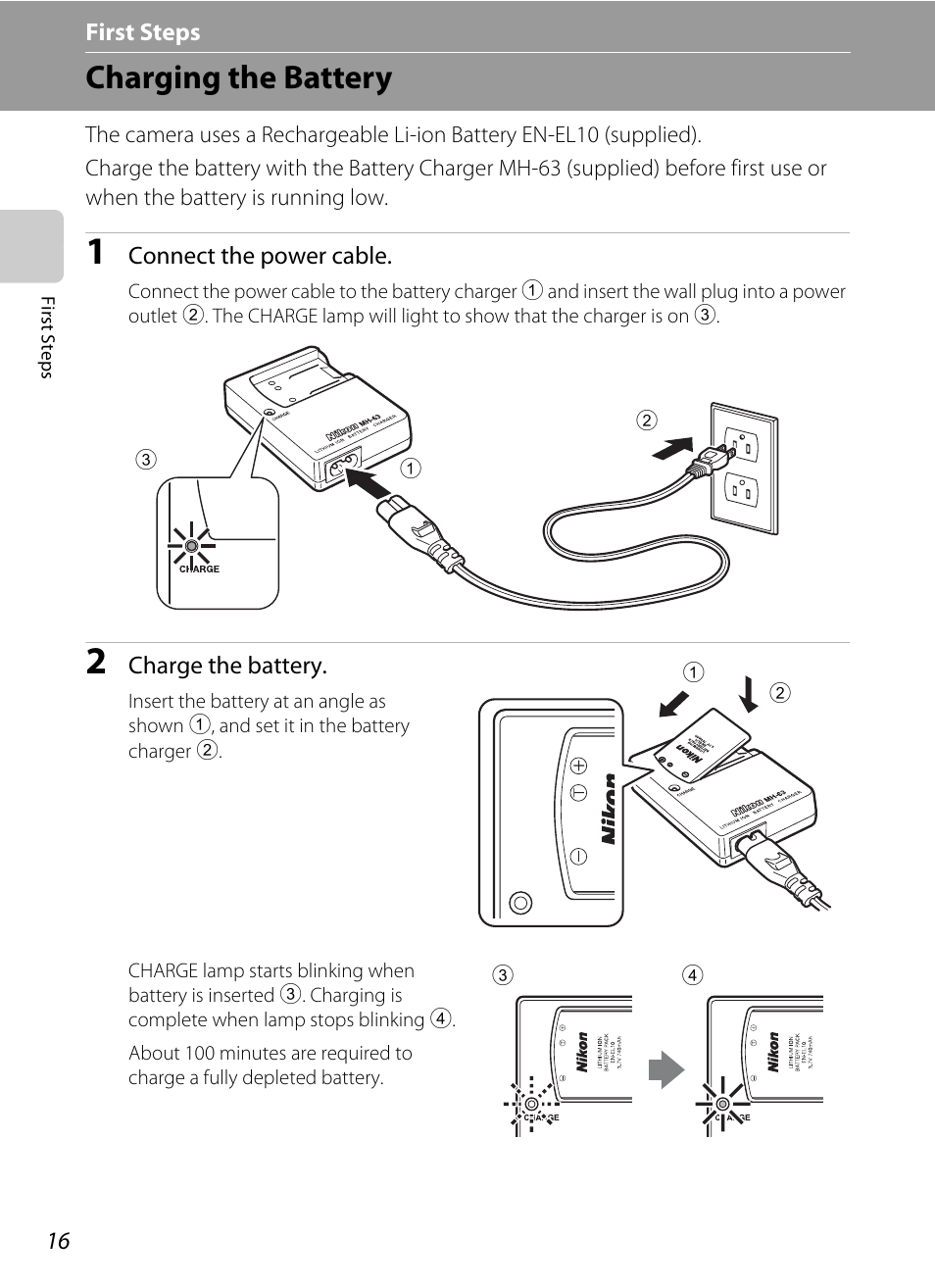 First steps, Charging the battery | Nikon S230 User Manual | Page 28 / 180