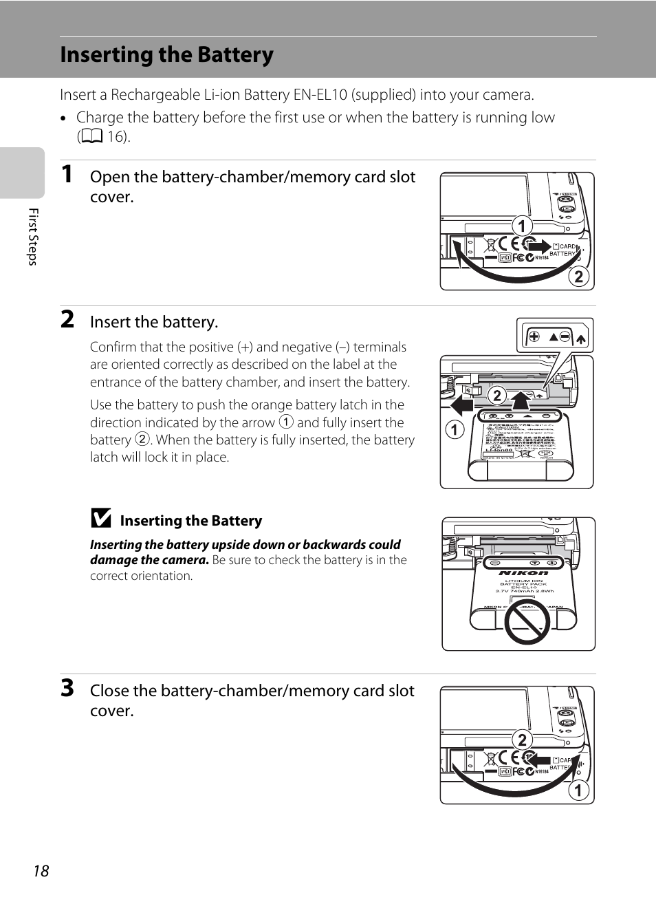 Inserting the battery | Nikon S230 User Manual | Page 30 / 180