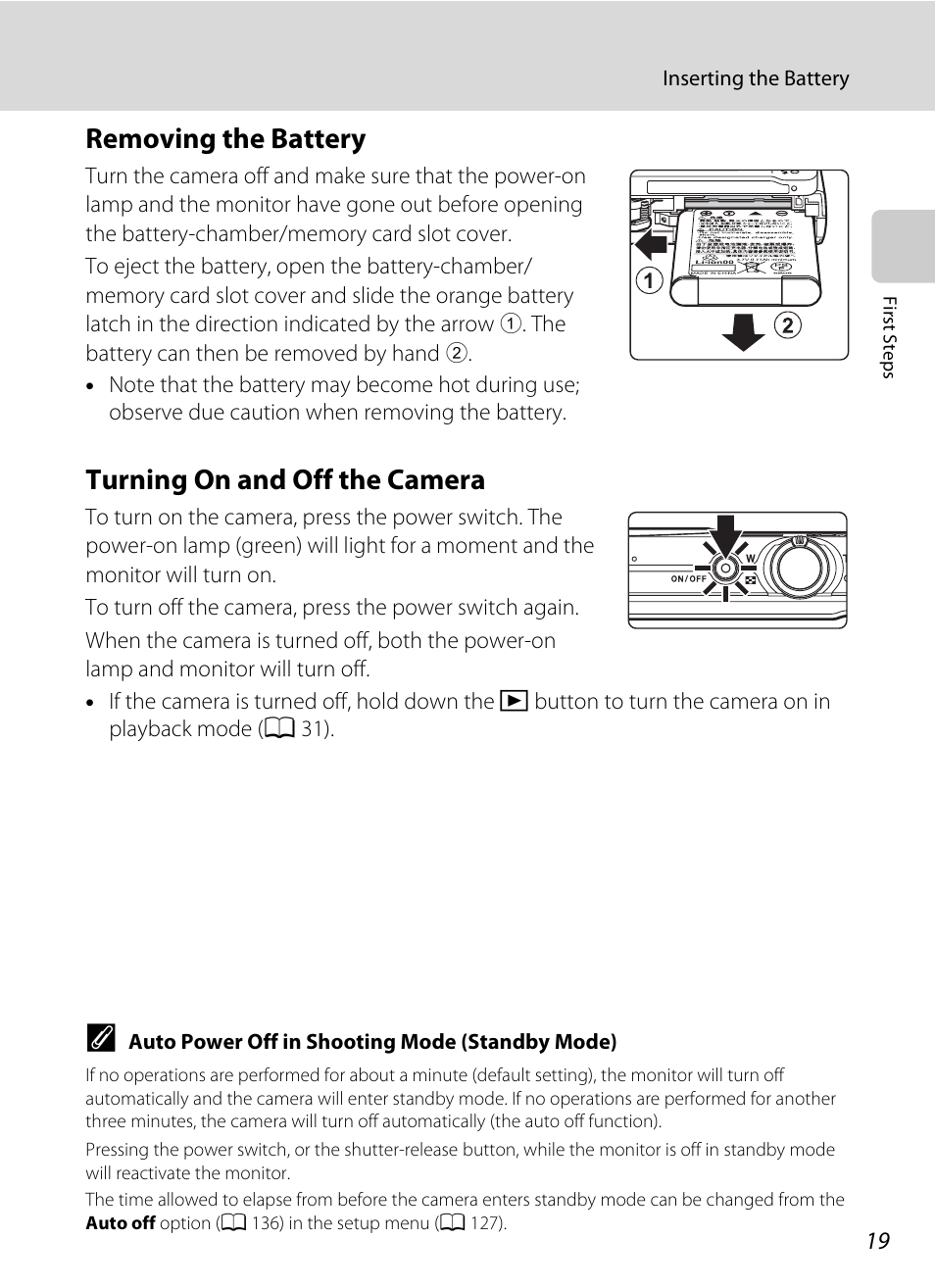 Removing the battery, Turning on and off the camera, Removing the battery turning on and off the camera | Nikon S230 User Manual | Page 31 / 180