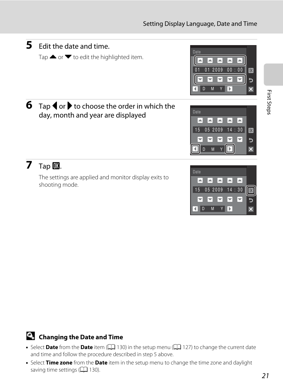 Edit the date and time, Tap g | Nikon S230 User Manual | Page 33 / 180