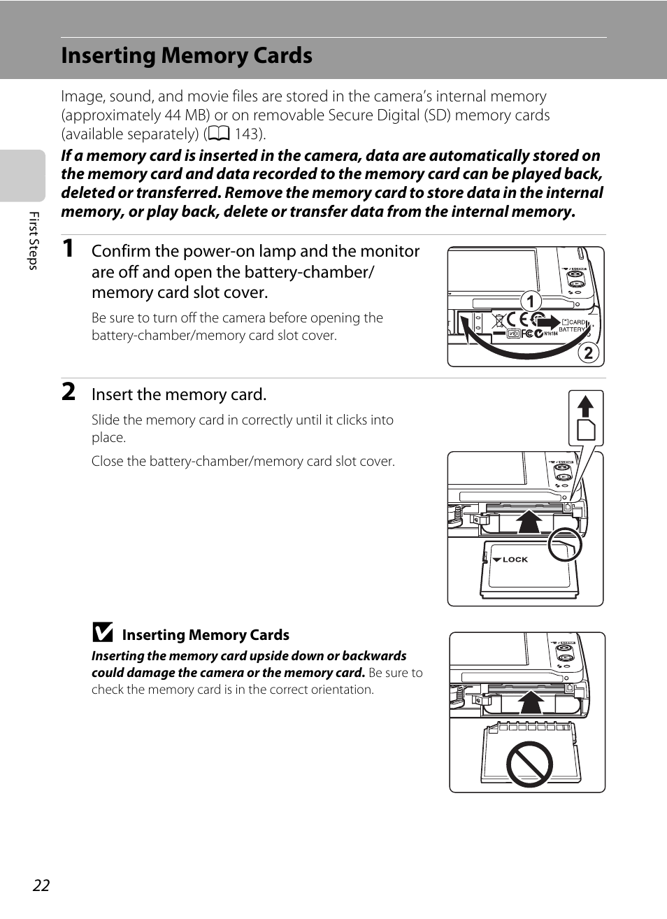 Inserting memory cards | Nikon S230 User Manual | Page 34 / 180