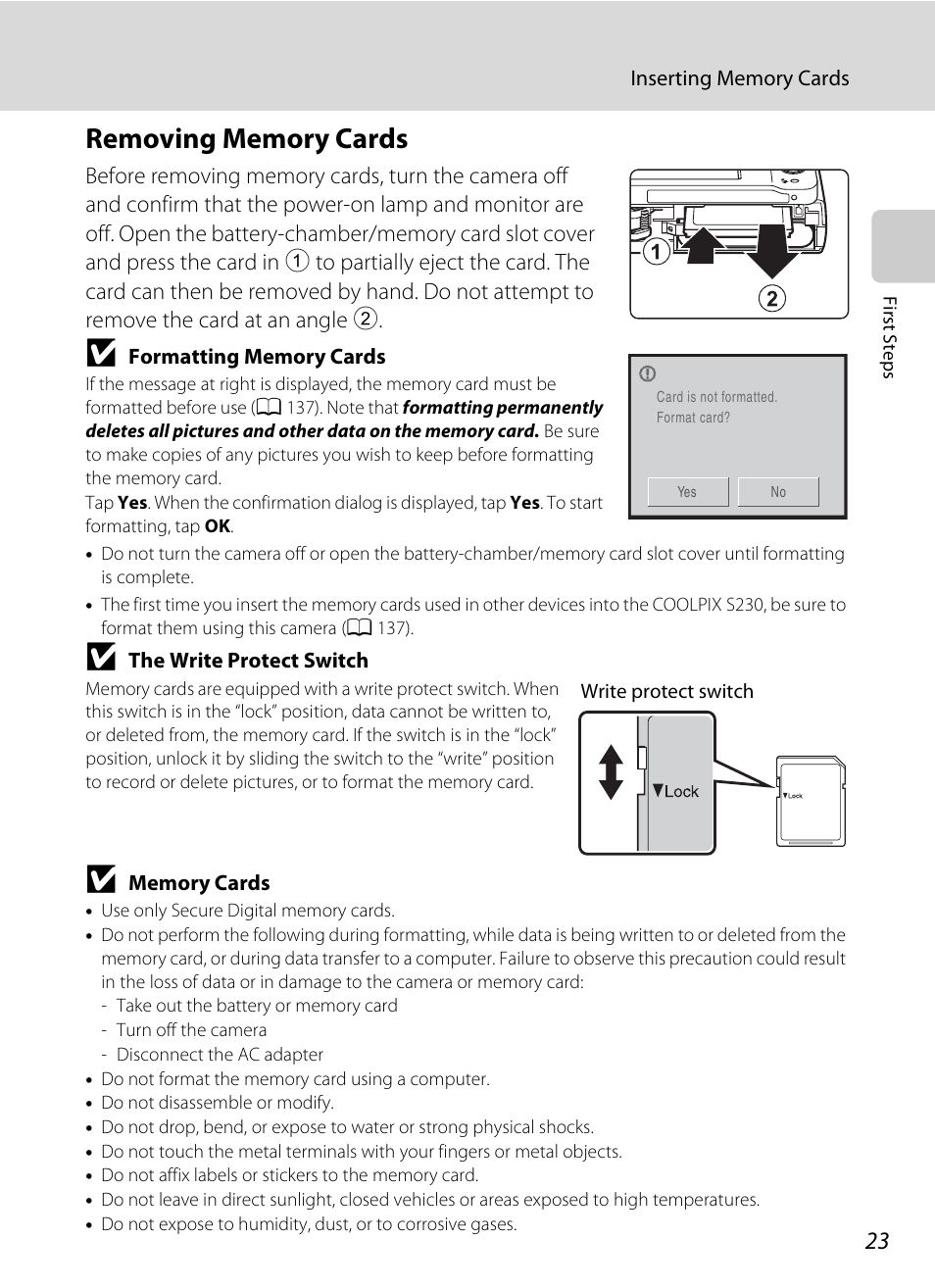 Removing memory cards | Nikon S230 User Manual | Page 35 / 180