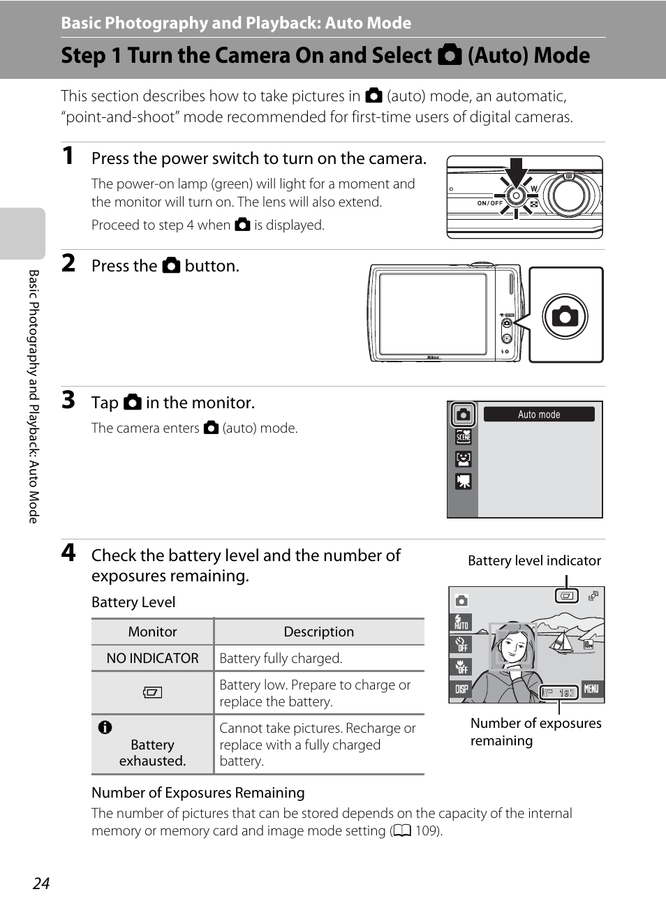 Basic photography and playback: auto mode, Step 1 turn the camera on and select auto mode, A basic photography and playback: auto mode | Step 1 turn the camera on and select a (auto) mode, A 24) | Nikon S230 User Manual | Page 36 / 180