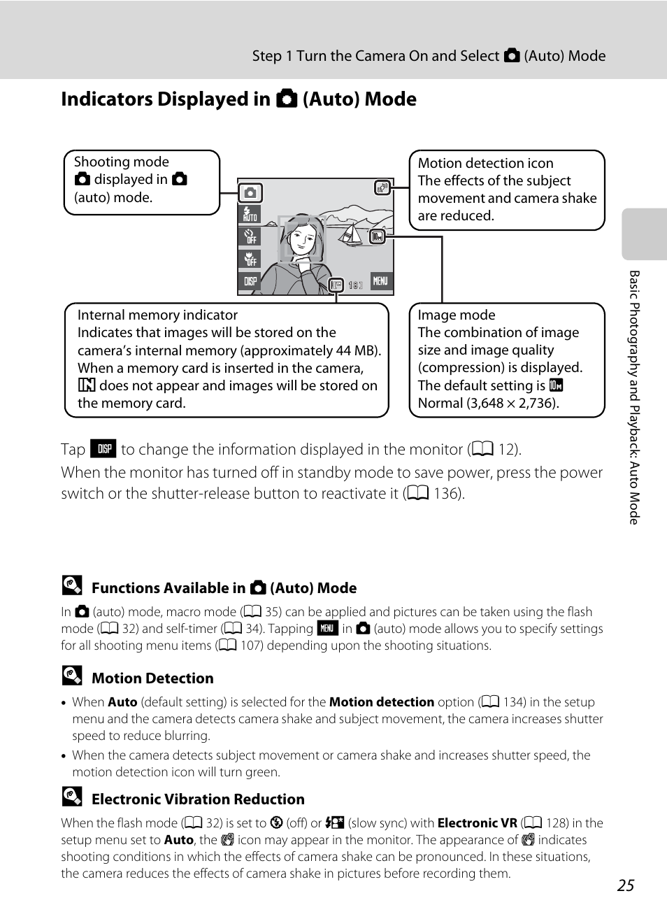 Indicators displayed in auto mode, Indicators displayed in a (auto) mode | Nikon S230 User Manual | Page 37 / 180