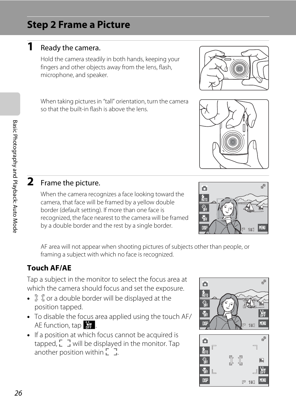 Step 2 frame a picture, Ready the camera, Frame the picture | Touch af/ae | Nikon S230 User Manual | Page 38 / 180
