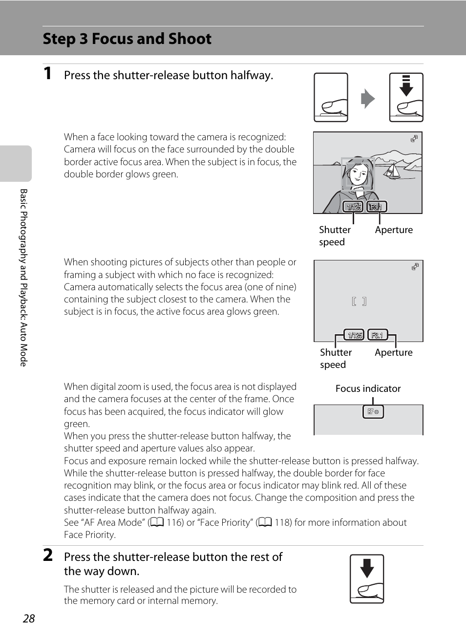 Step 3 focus and shoot, Press the shutter-release button halfway | Nikon S230 User Manual | Page 40 / 180