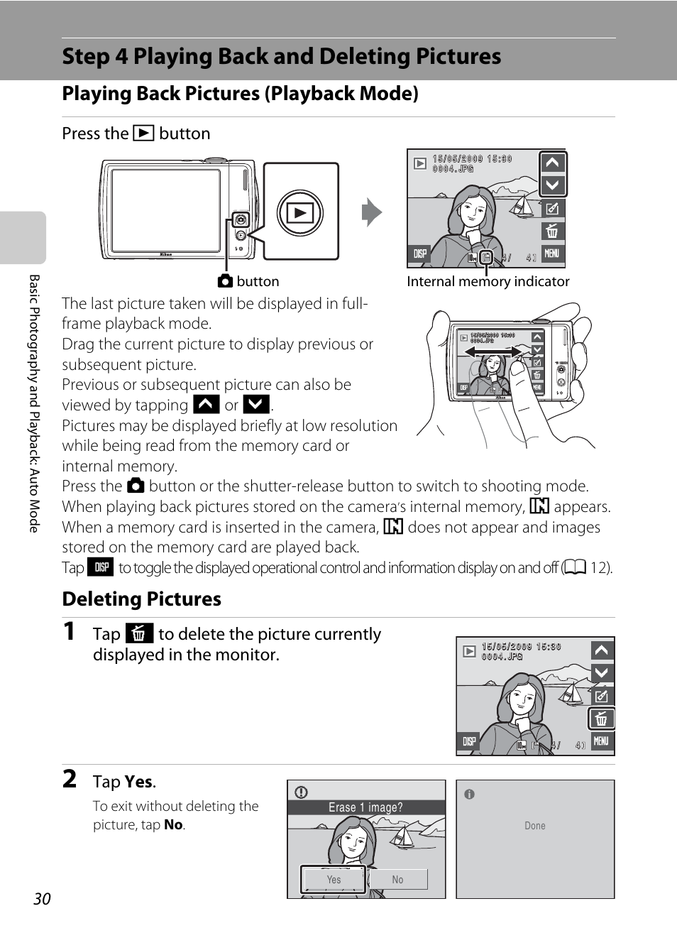 Step 4 playing back and deleting pictures, Playing back pictures (playback mode), Deleting pictures | A 30), Press the c button, Tap yes | Nikon S230 User Manual | Page 42 / 180