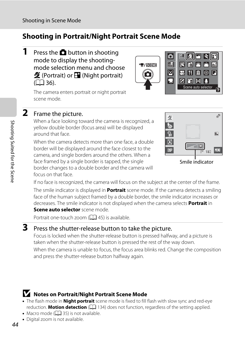 Shooting in portrait/night portrait scene mode, A 44), A 44) for | Nikon S230 User Manual | Page 56 / 180