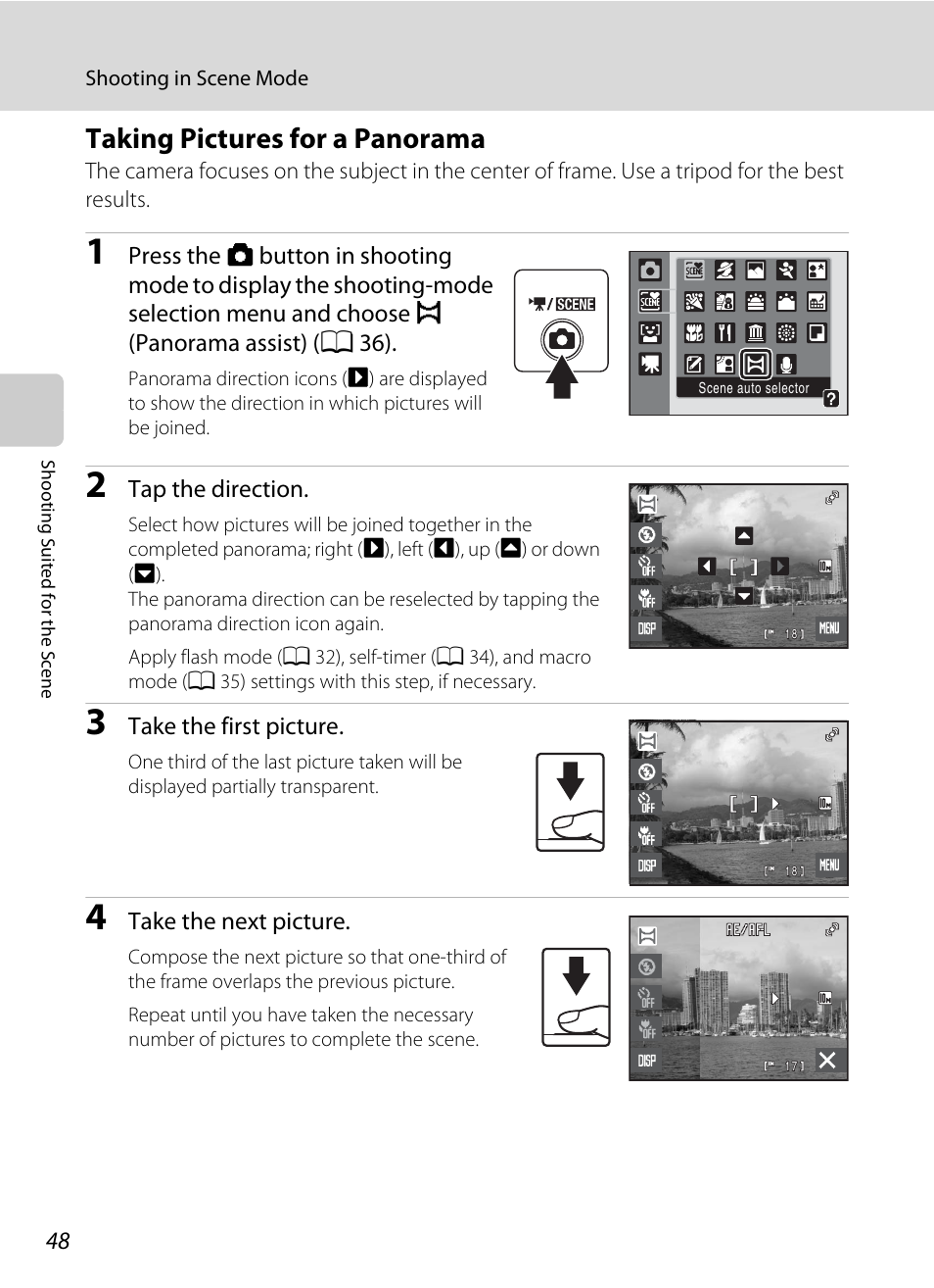 Taking pictures for a panorama | Nikon S230 User Manual | Page 60 / 180