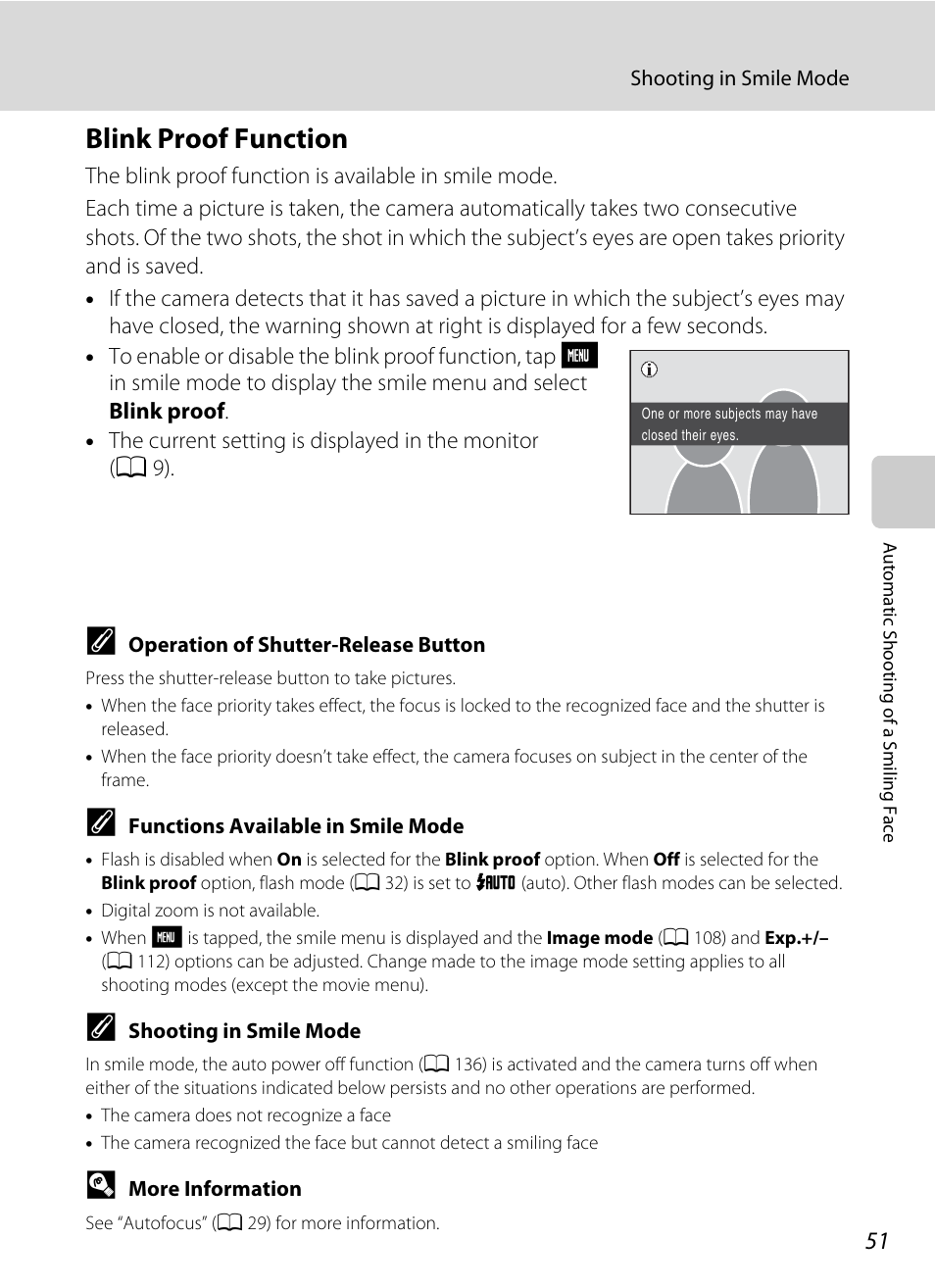 Blink proof function, A 51) | Nikon S230 User Manual | Page 63 / 180