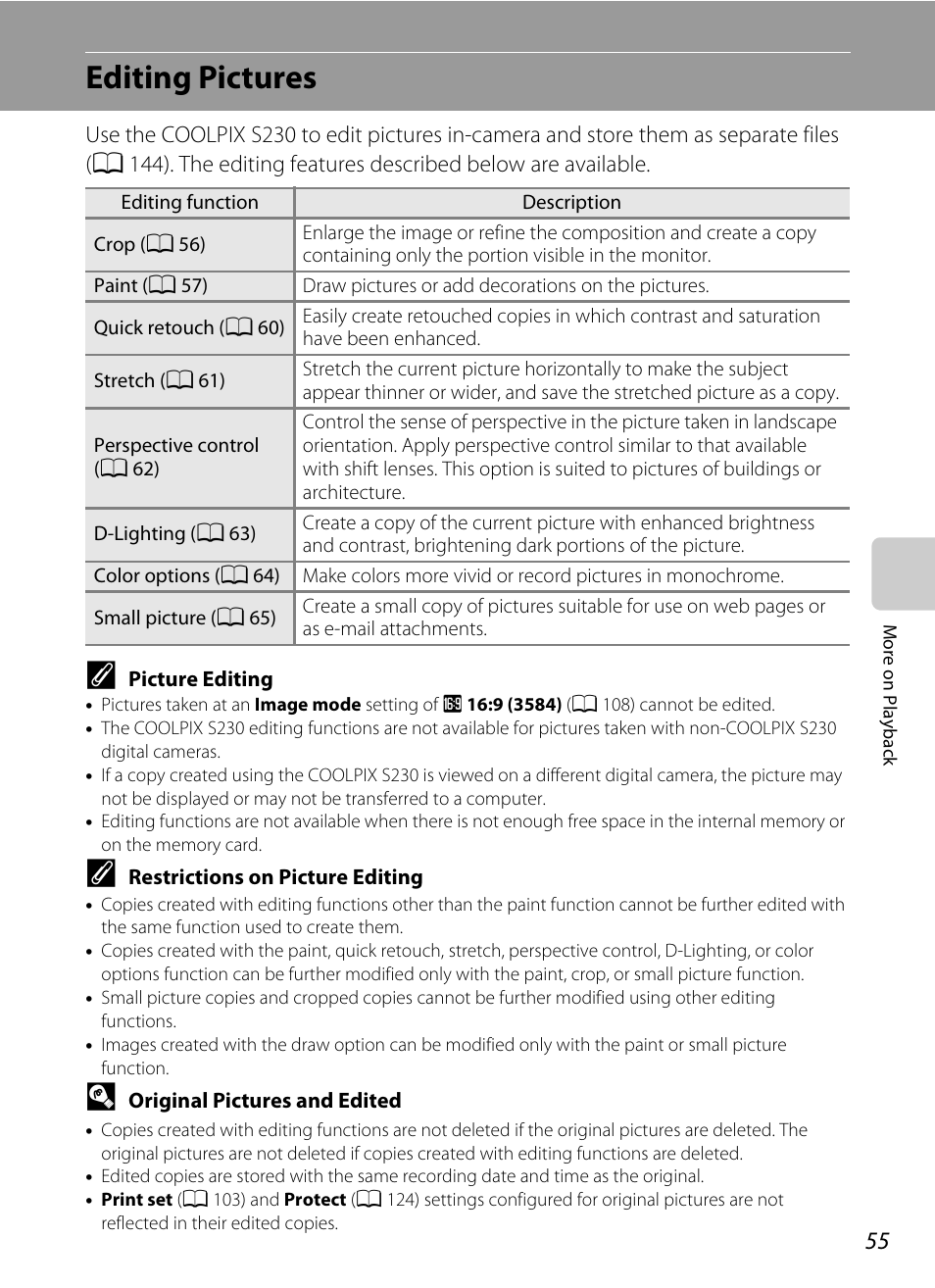 Editing pictures | Nikon S230 User Manual | Page 67 / 180
