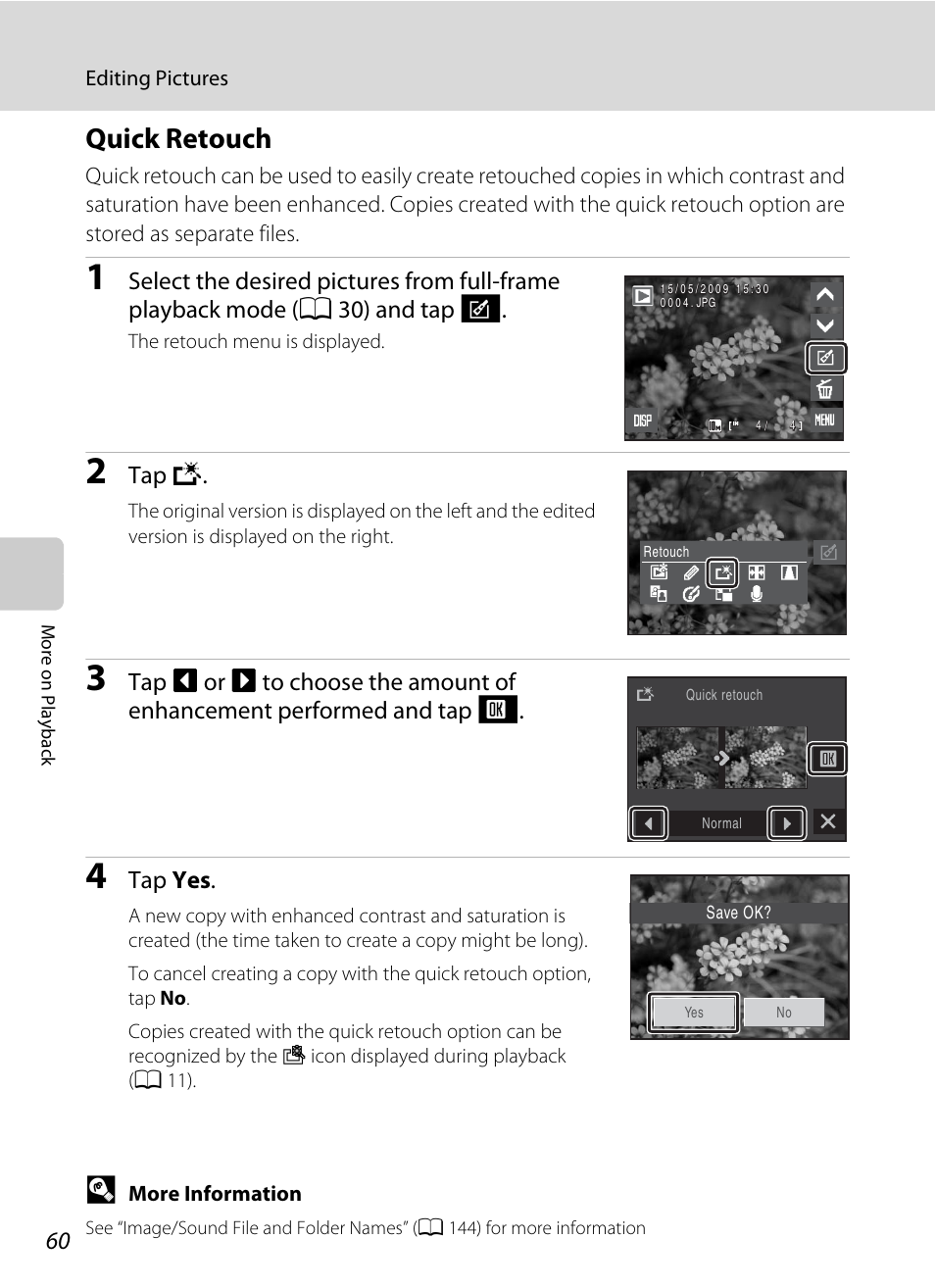 Quick retouch, A 60), Tap k | Tap yes | Nikon S230 User Manual | Page 72 / 180