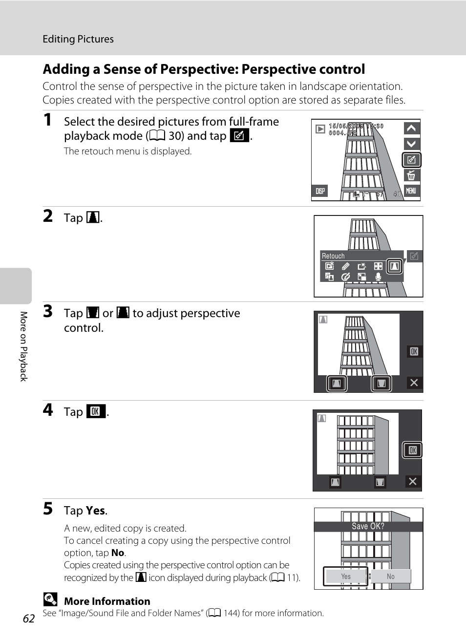 Adding a sense of perspective: perspective control, A 62) | Nikon S230 User Manual | Page 74 / 180