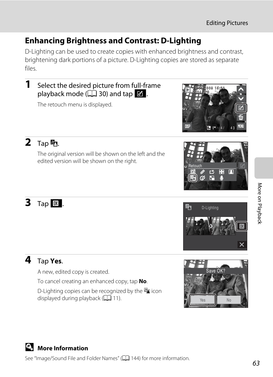 Enhancing brightness and contrast: d-lighting, Lighting, A 63) | Tap i, Tap yes | Nikon S230 User Manual | Page 75 / 180