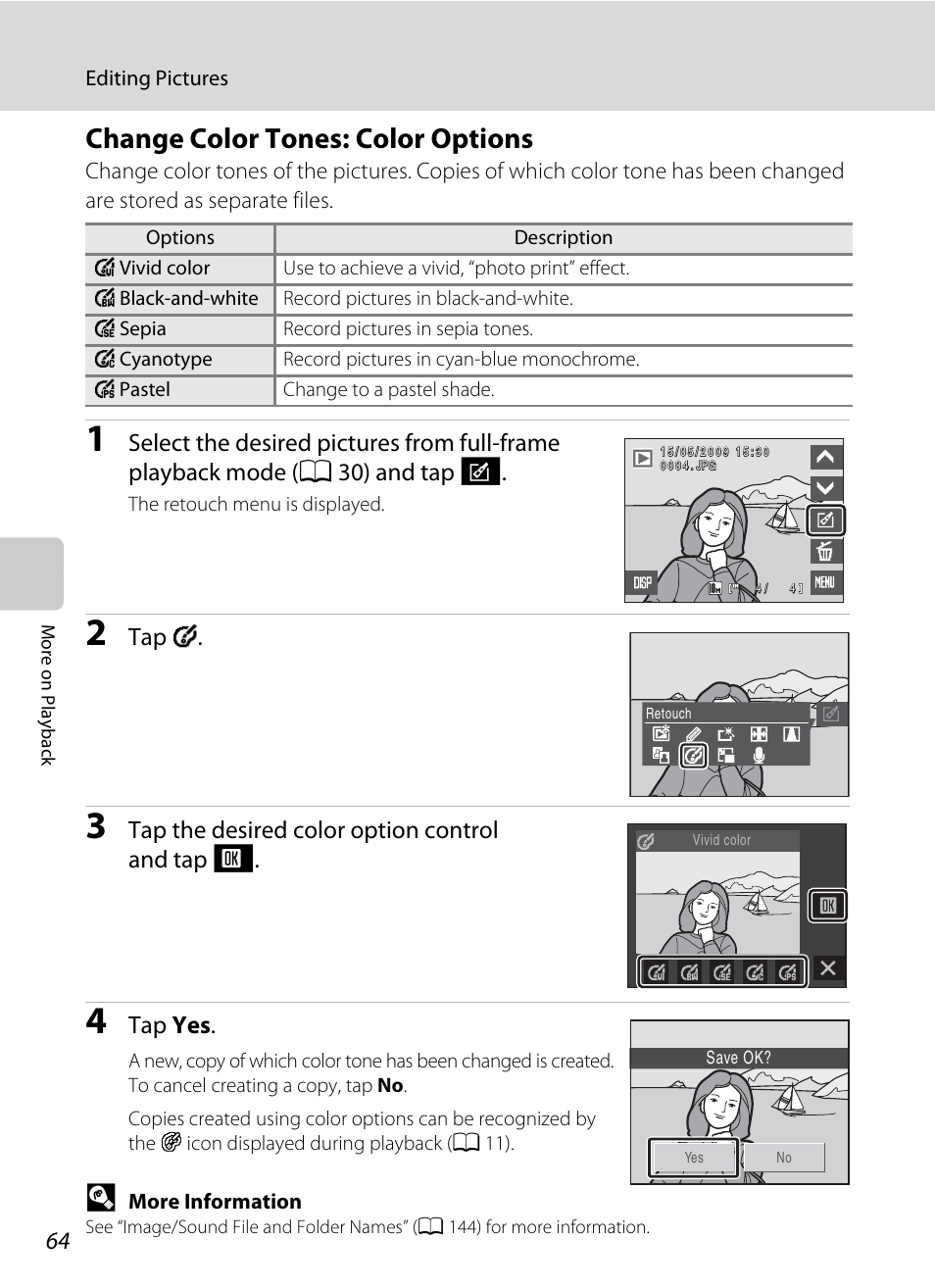 Change color tones: color options, A 64), Tap f | Tap the desired color option control and tap i, Tap yes | Nikon S230 User Manual | Page 76 / 180