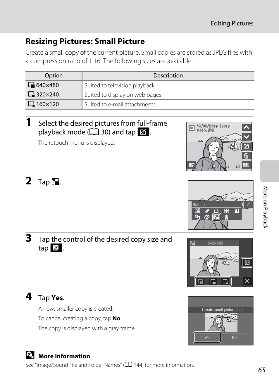 Resizing pictures: small picture, A 65), Tap g | Tap the control of the desired copy size and tap i, Tap yes | Nikon S230 User Manual | Page 77 / 180