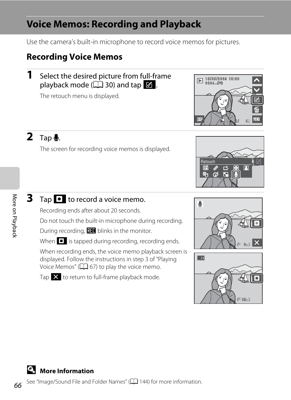 Voice memos: recording and playback, Recording voice memos, Tap e | Nikon S230 User Manual | Page 78 / 180