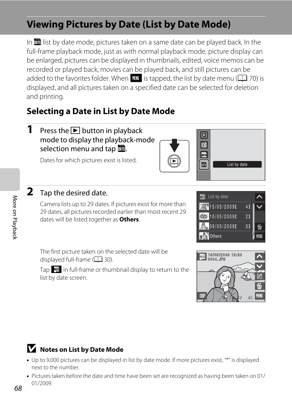 Viewing pictures by date (list by date mode), Selecting a date in list by date mode, Mode | A 68), Tap the desired date | Nikon S230 User Manual | Page 80 / 180