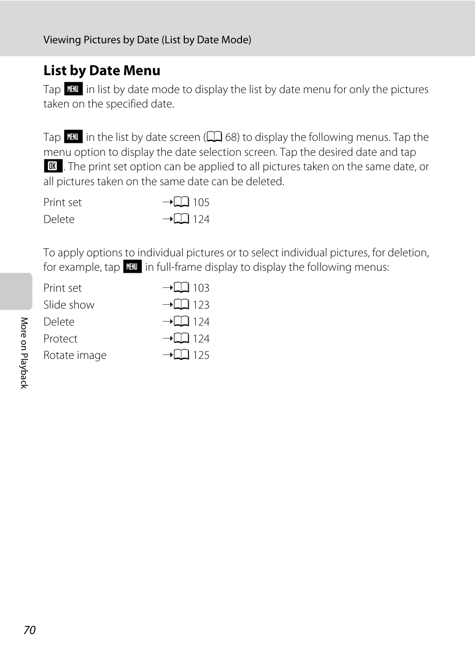 List by date menu, A 70 | Nikon S230 User Manual | Page 82 / 180
