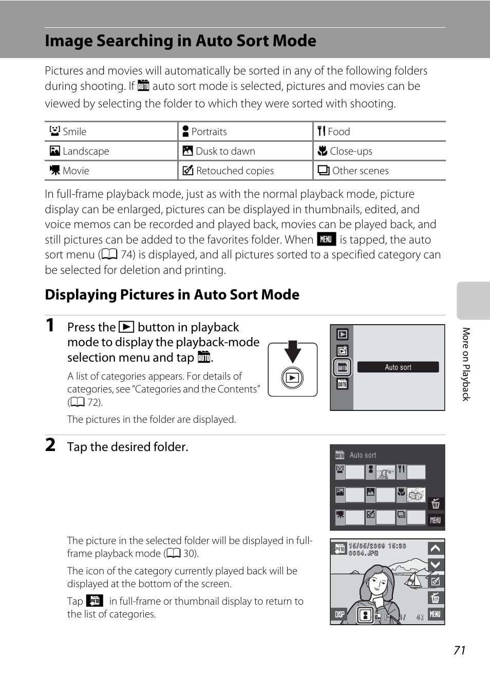 Image searching in auto sort mode, Displaying pictures in auto sort mode, A 71) | Tap the desired folder | Nikon S230 User Manual | Page 83 / 180