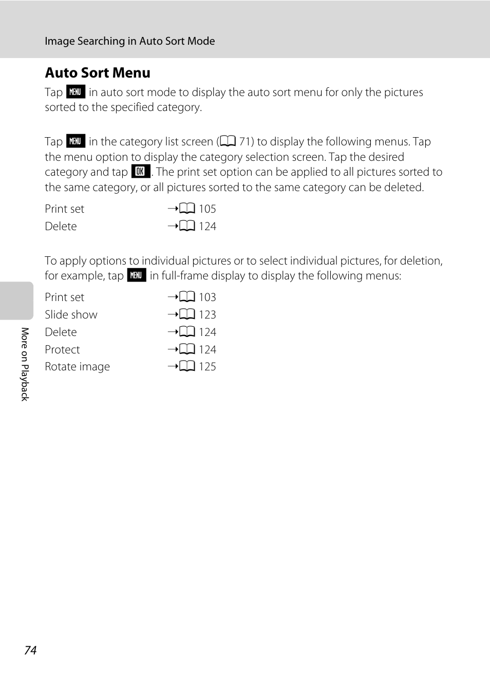 Auto sort menu, A 74, A 74) is d | Nikon S230 User Manual | Page 86 / 180