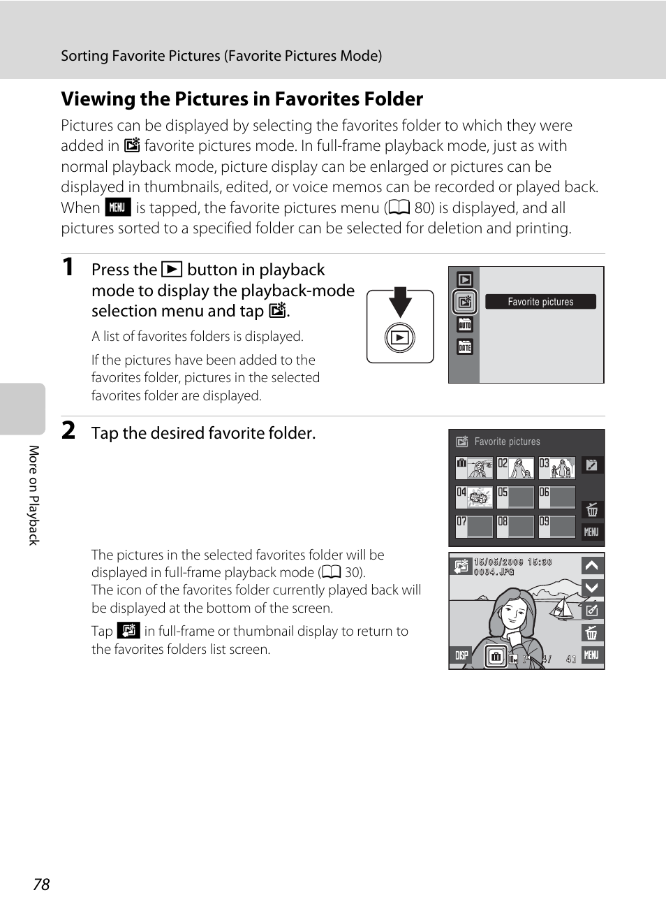 Viewing the pictures in favorites folder, A 78), Tap the desired favorite folder | Nikon S230 User Manual | Page 90 / 180