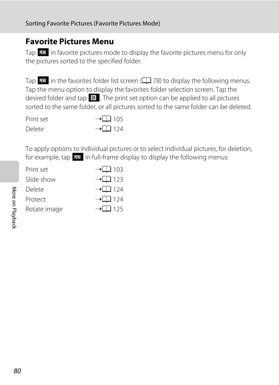 Favorite pictures menu, A 80) | Nikon S230 User Manual | Page 92 / 180