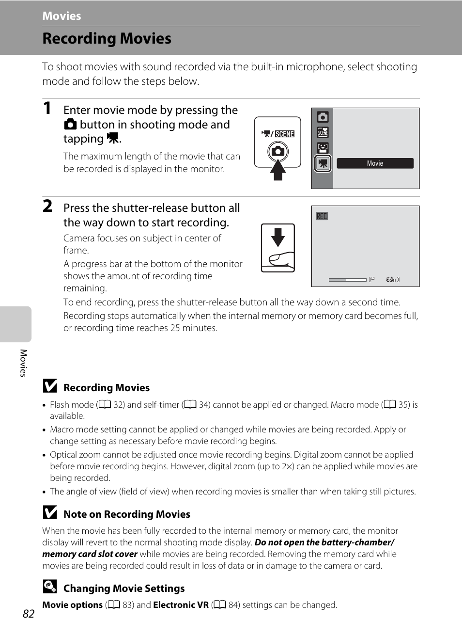 Movies, Recording movies, D movies | A 82), A 82) are | Nikon S230 User Manual | Page 94 / 180