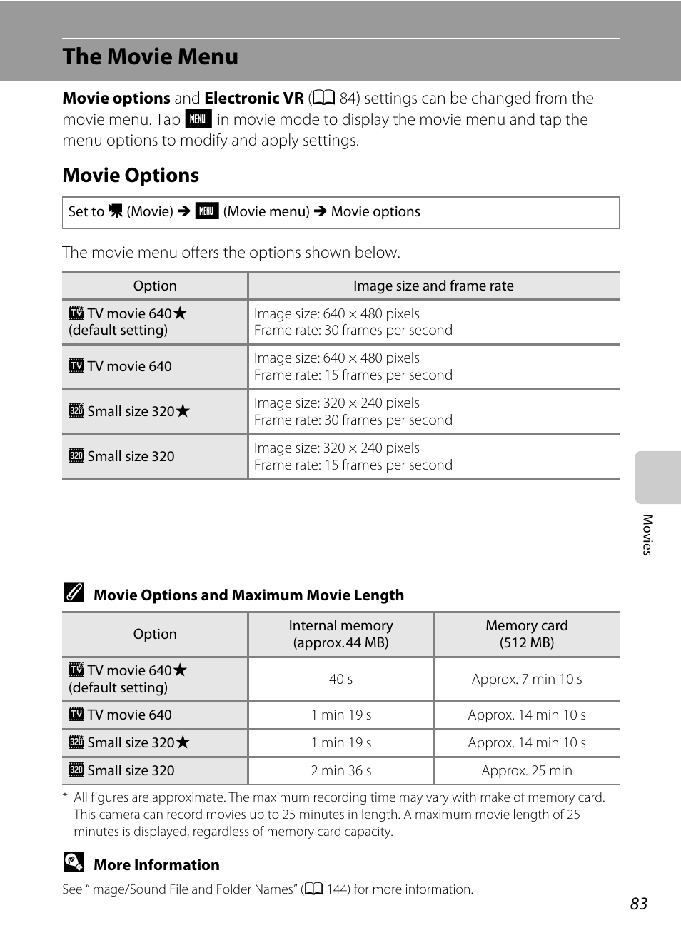 The movie menu, Movie options, A 83) | Nikon S230 User Manual | Page 95 / 180