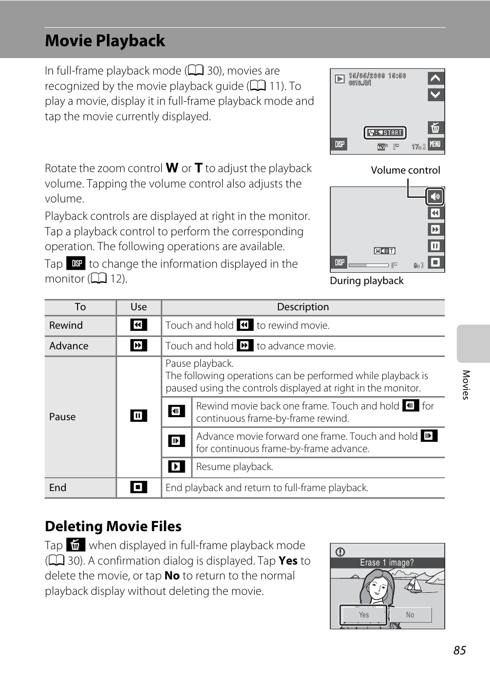 Movie playback, Deleting movie files | Nikon S230 User Manual | Page 97 / 180