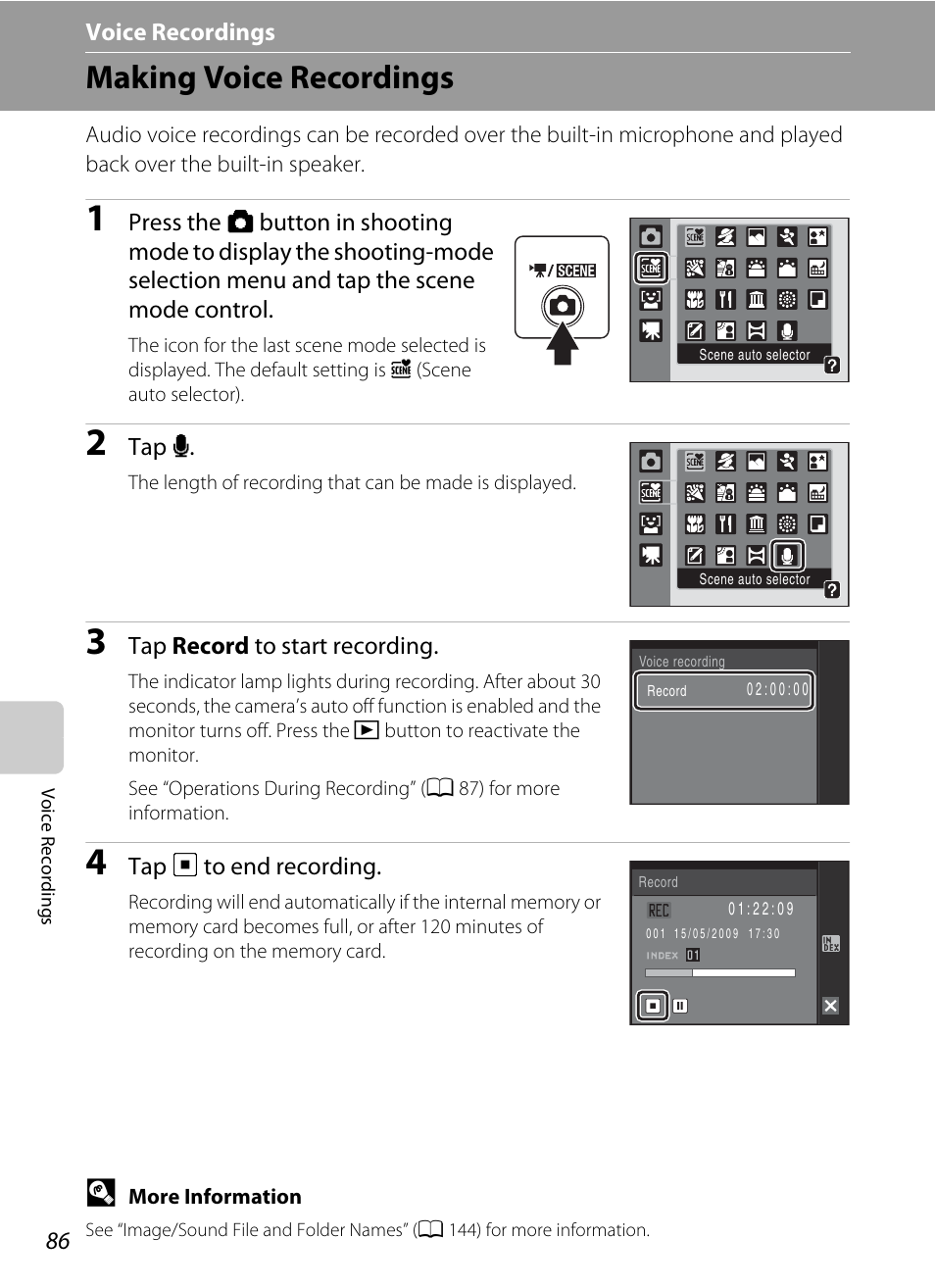 Voice recordings, Making voice recordings, E voice recordings | A 86) for | Nikon S230 User Manual | Page 98 / 180