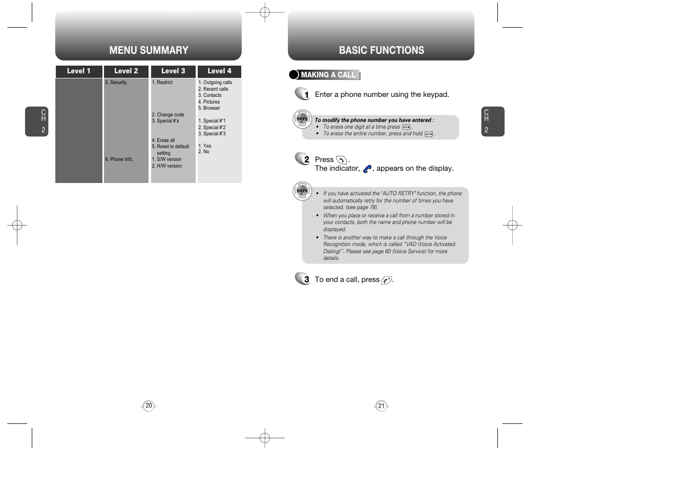 Menu summary, Basic functions | Audiovox Flasher V7 User Manual | Page 13 / 62