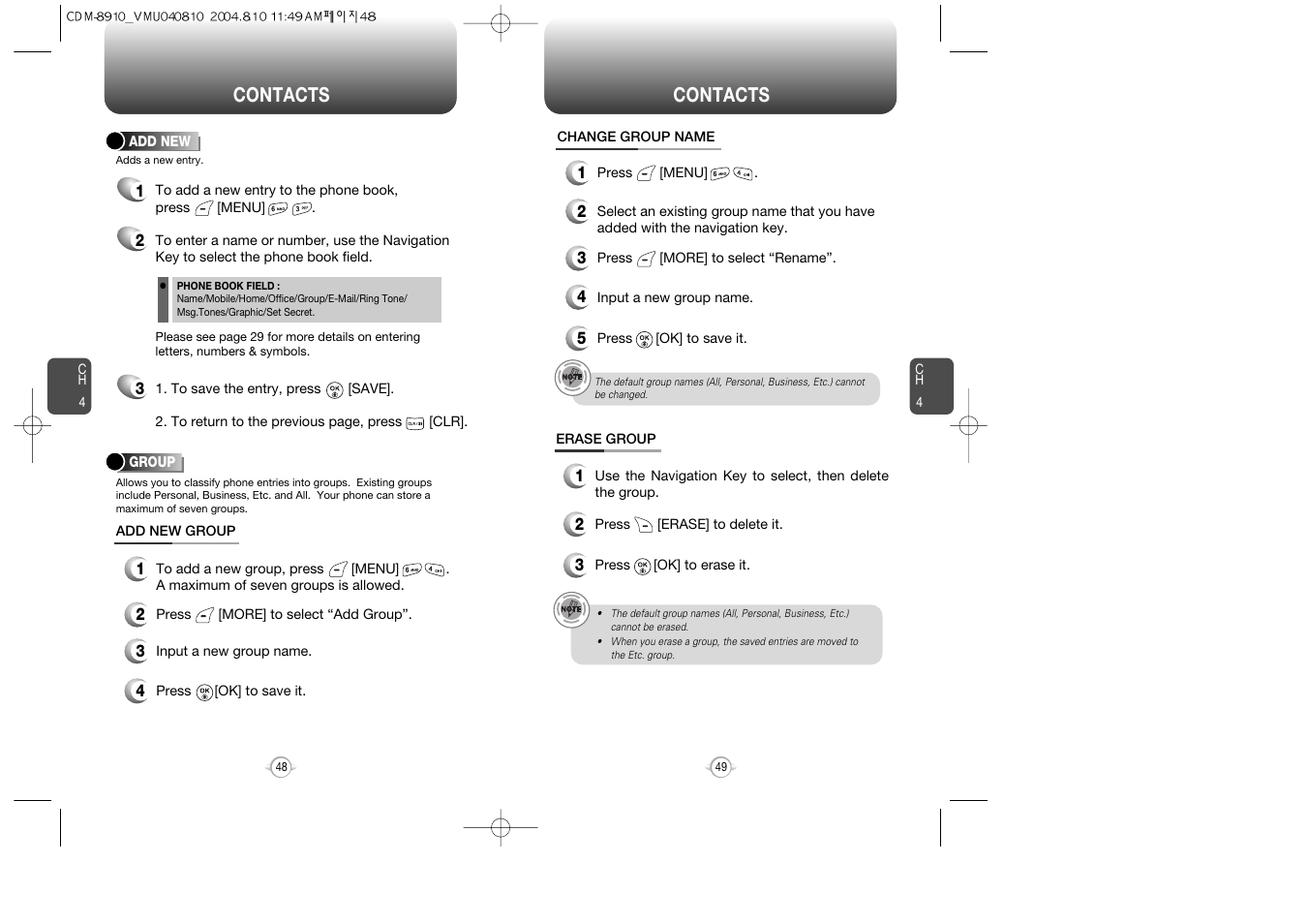 Contacts | Audiovox Flasher V7 User Manual | Page 27 / 62