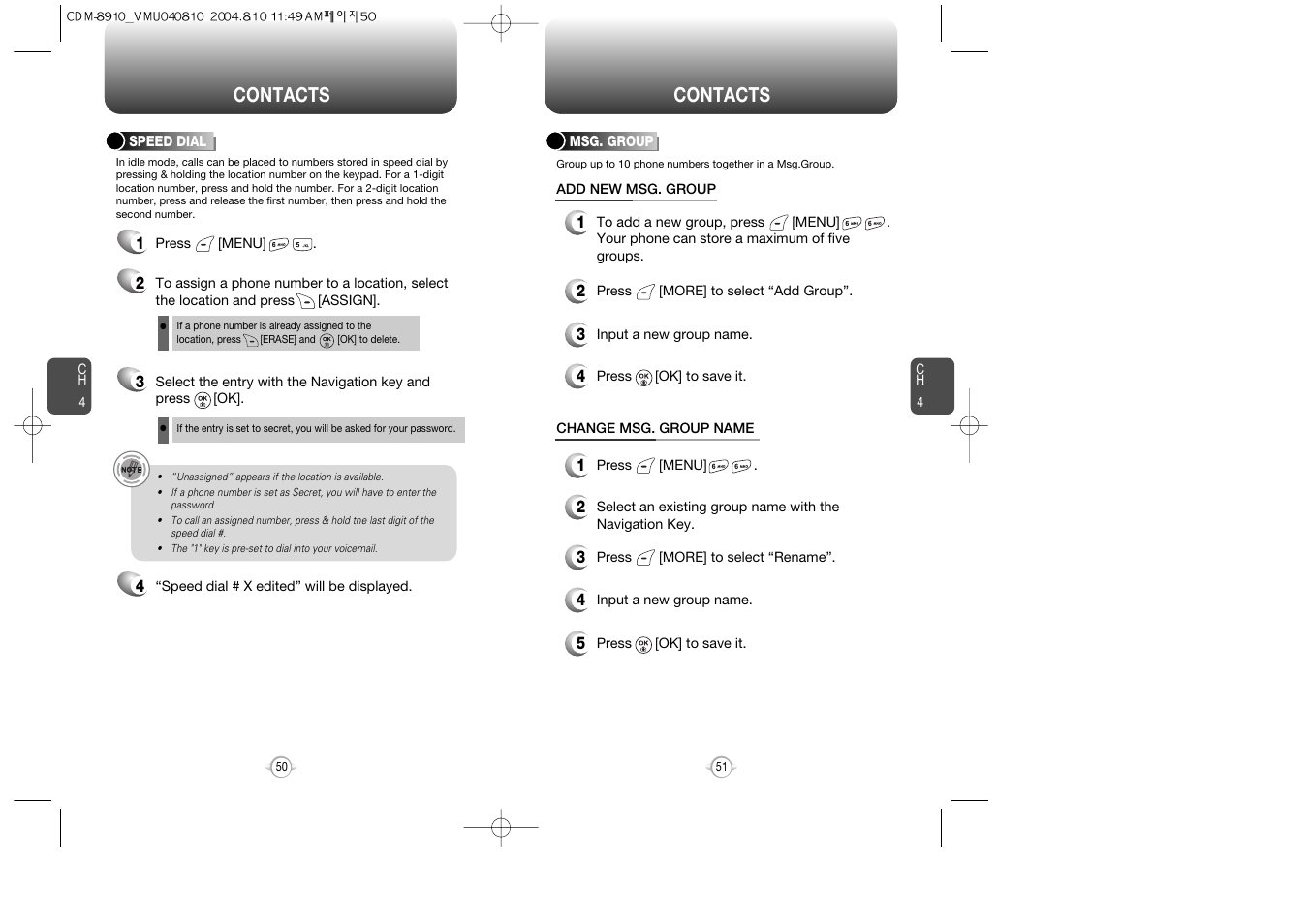Contacts | Audiovox Flasher V7 User Manual | Page 28 / 62