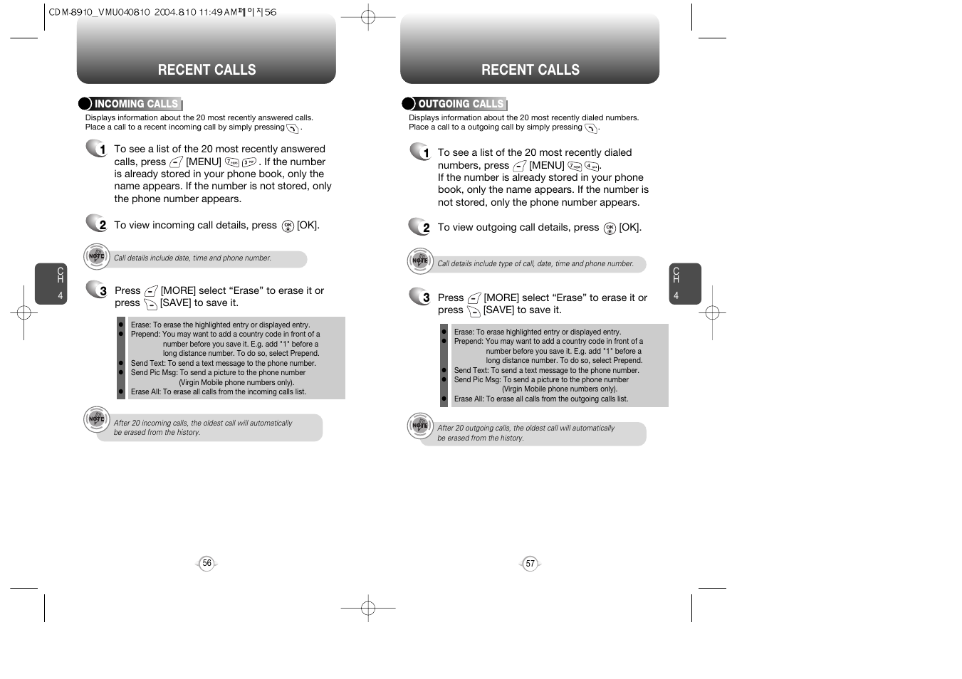 Recent calls | Audiovox Flasher V7 User Manual | Page 31 / 62