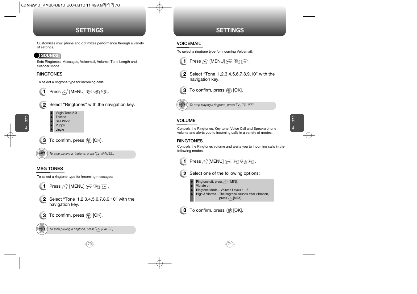 Settings | Audiovox Flasher V7 User Manual | Page 38 / 62