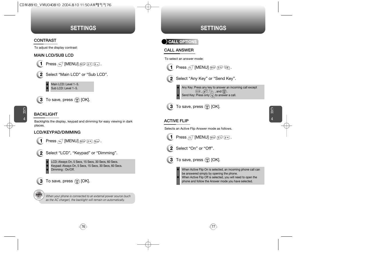 Settings | Audiovox Flasher V7 User Manual | Page 41 / 62
