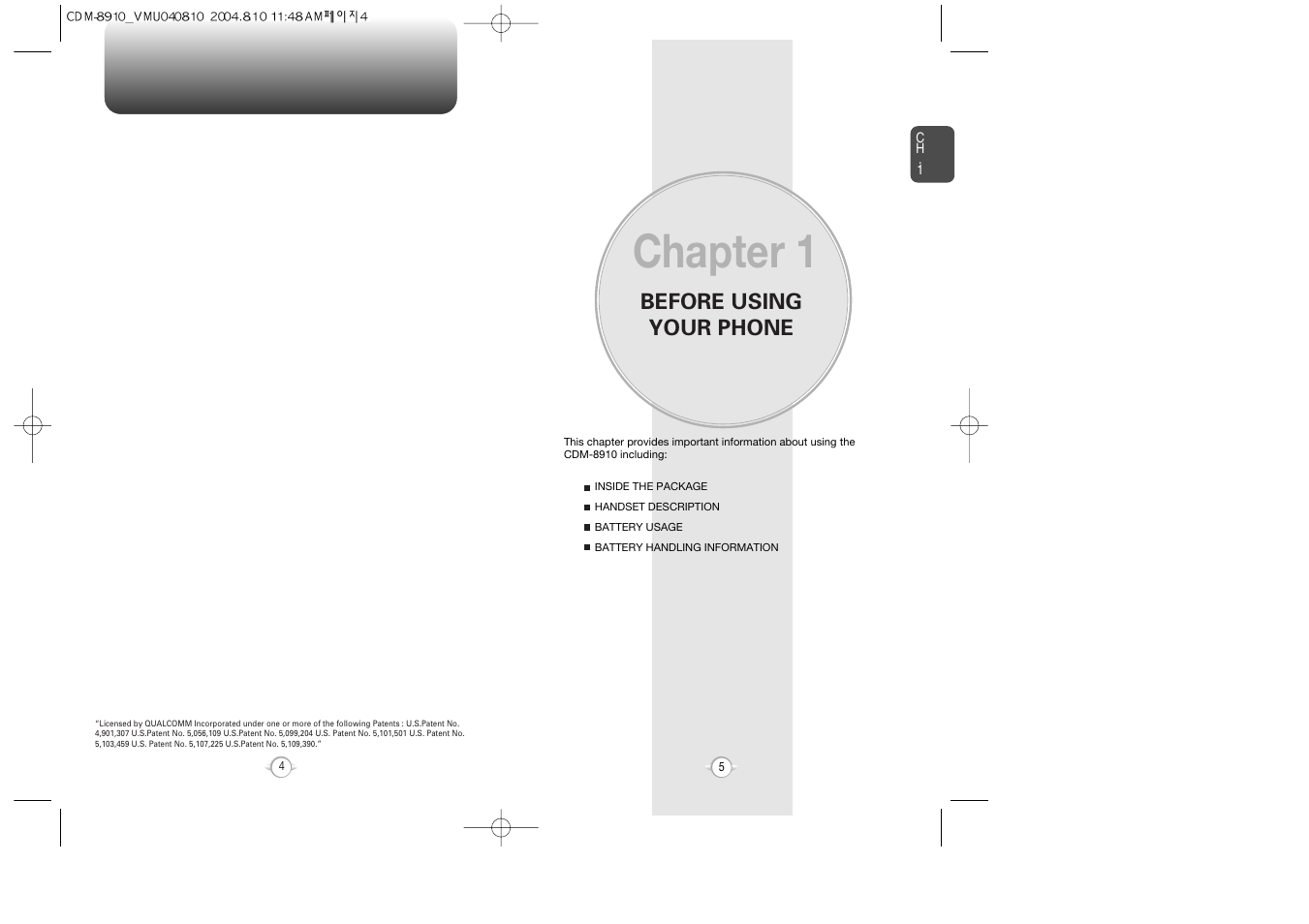 Chapter 1, Before using your phone | Audiovox Flasher V7 User Manual | Page 5 / 62