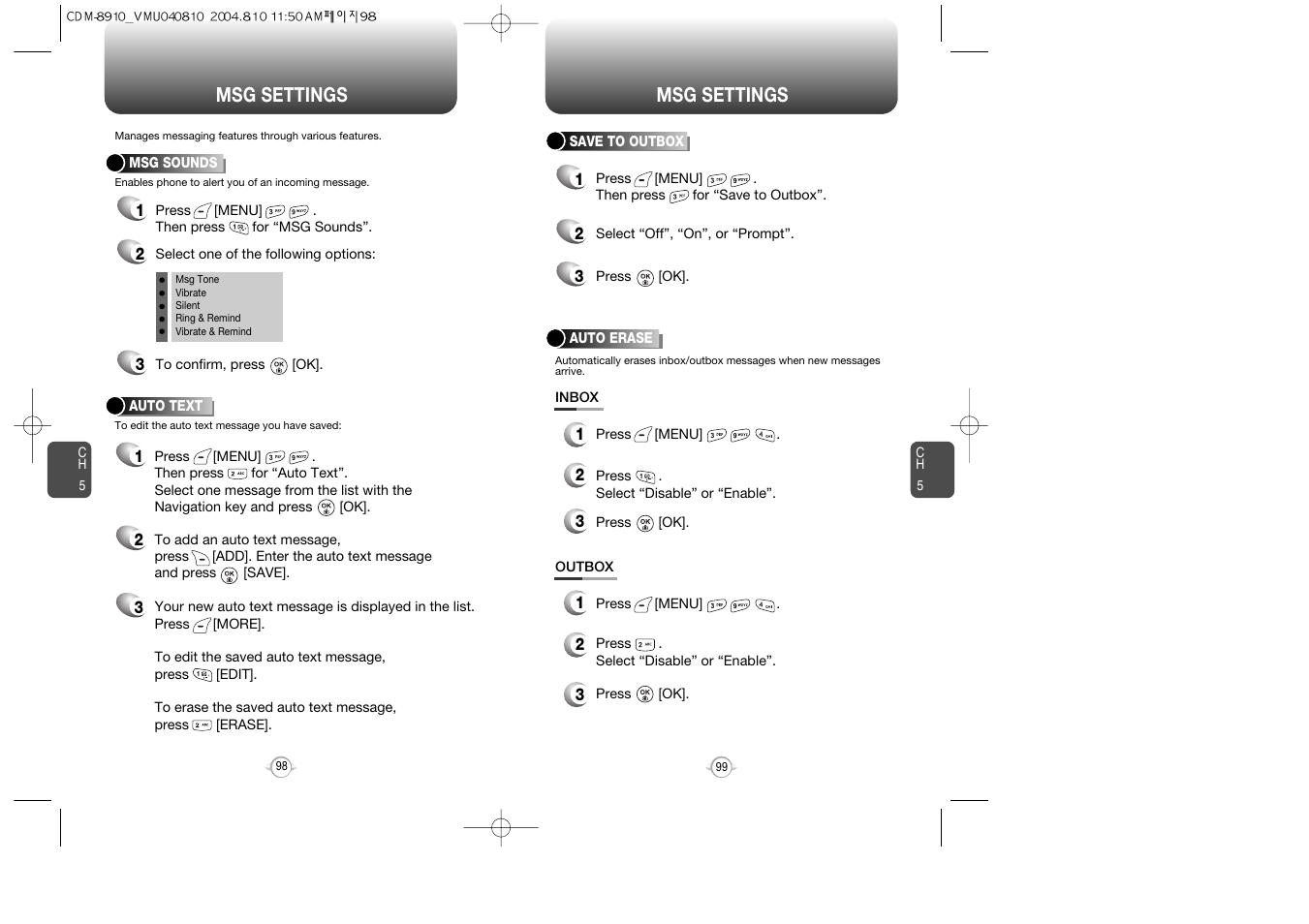 Msg settings | Audiovox Flasher V7 User Manual | Page 52 / 62