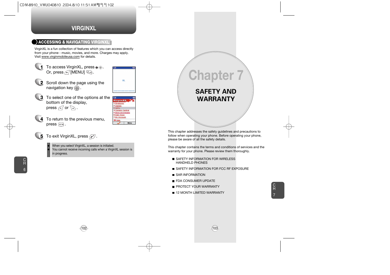 Chapter 7, Safety and warranty, Virginxl | Audiovox Flasher V7 User Manual | Page 54 / 62