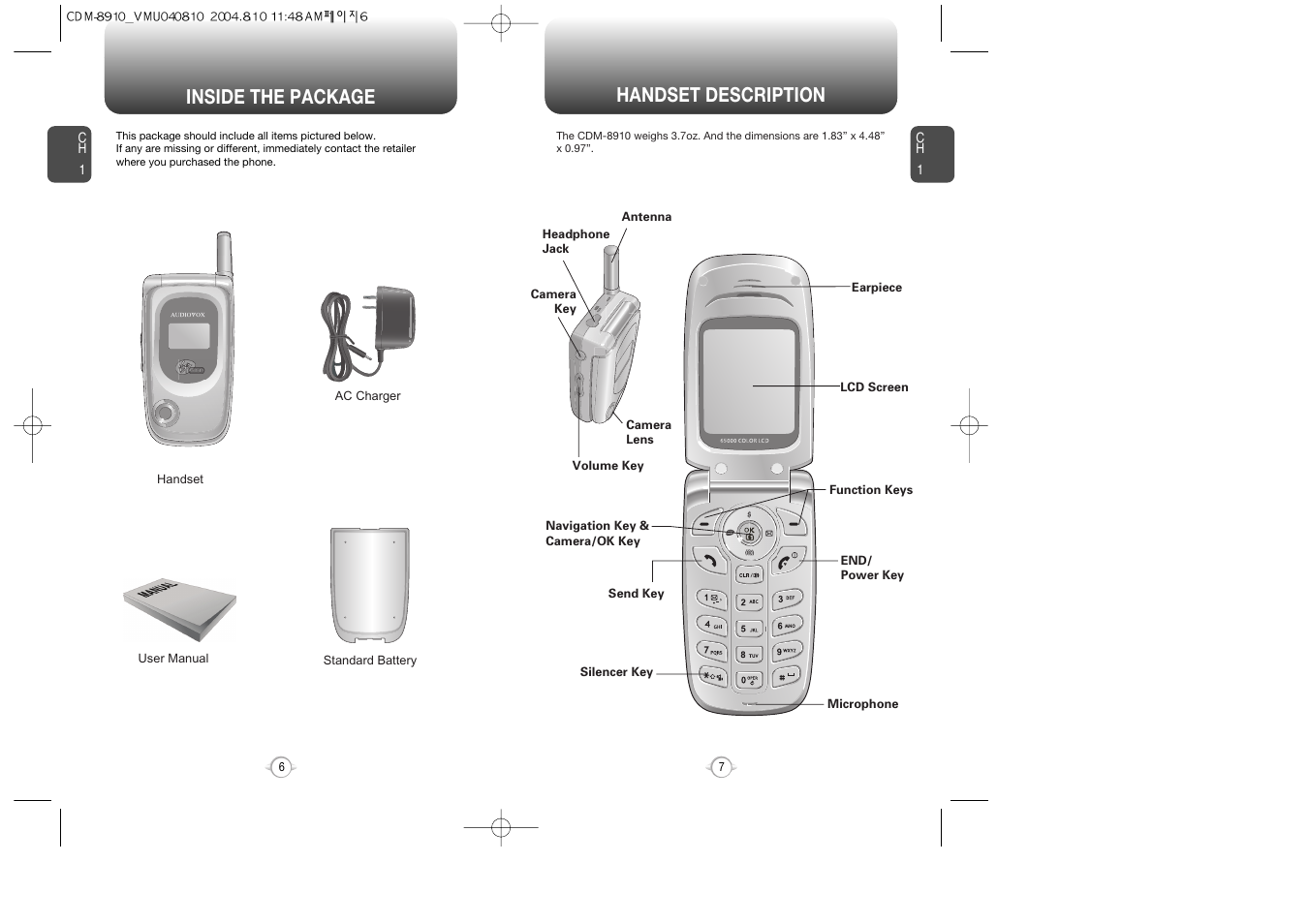 Handset description, Inside the package | Audiovox Flasher V7 User Manual | Page 6 / 62