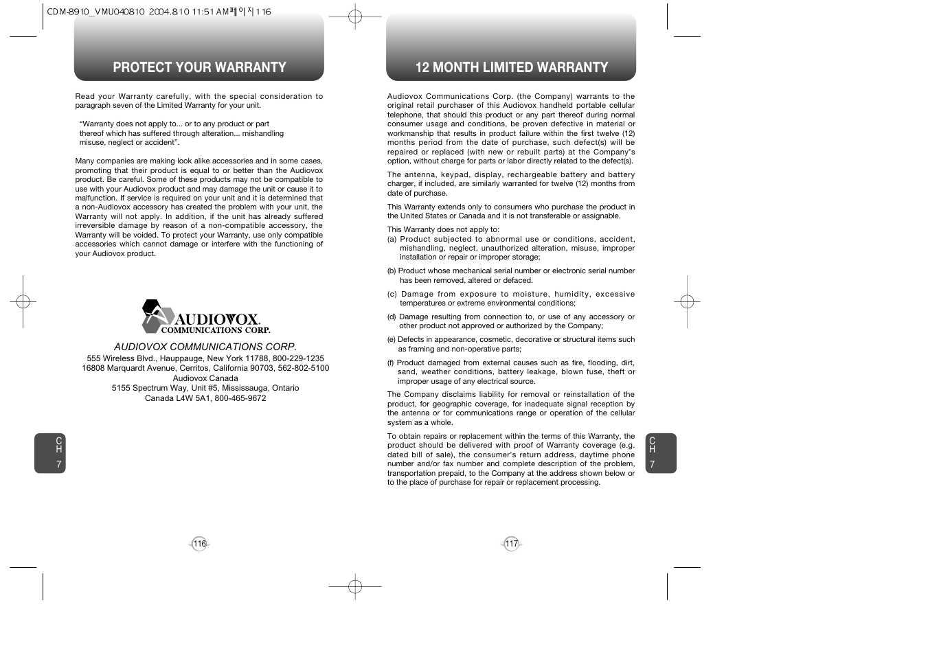 Protect your warranty 12 month limited warranty | Audiovox Flasher V7 User Manual | Page 61 / 62