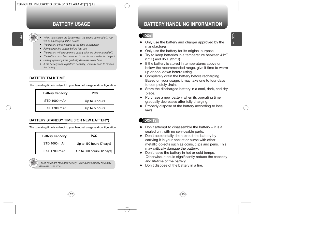 Battery usage battery handling information | Audiovox Flasher V7 User Manual | Page 9 / 62