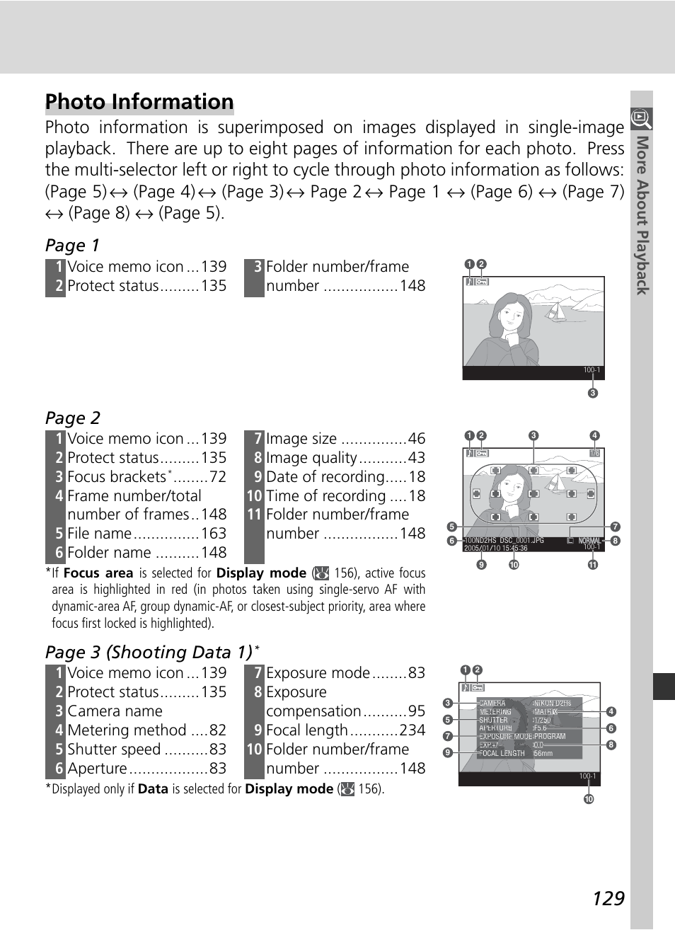 Photo information, Page 2, Page 3 (shooting data 1) | Mor e about playback | Nikon D2HS User Manual | Page 143 / 271