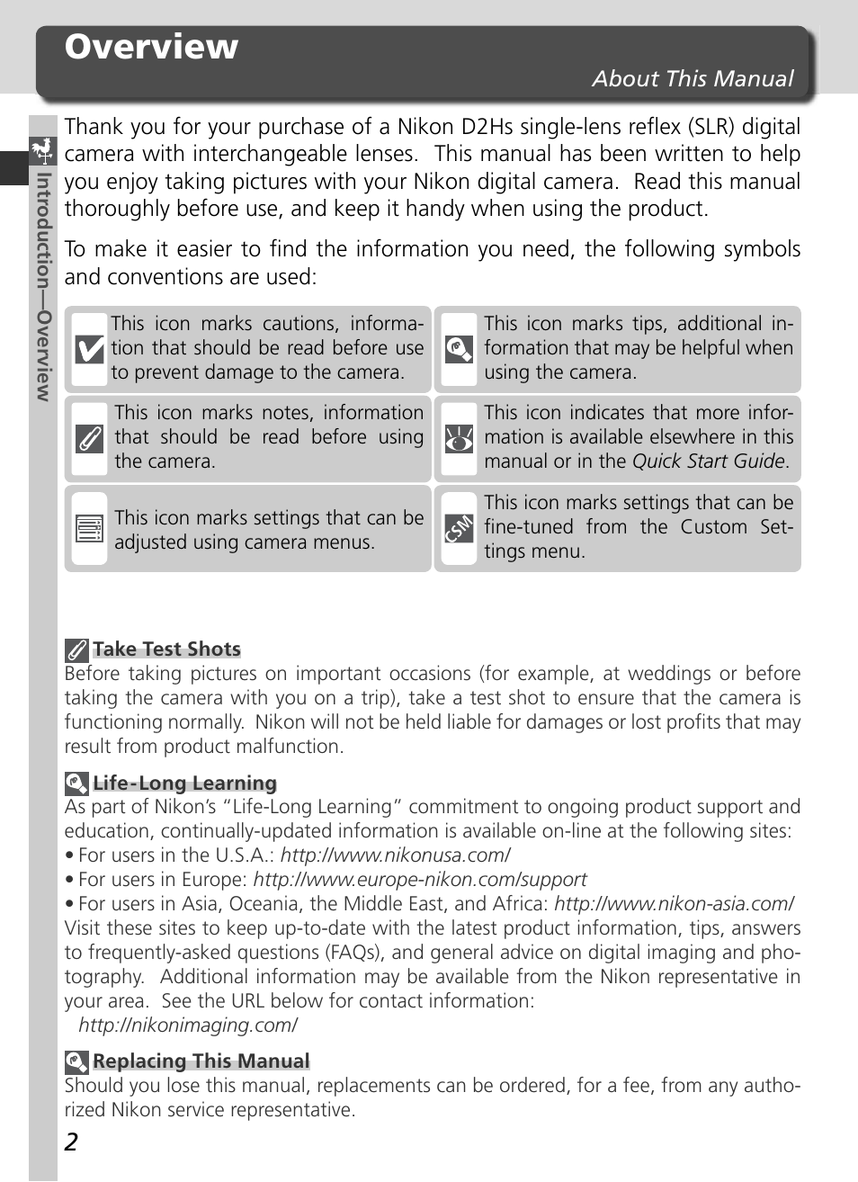 Overview | Nikon D2HS User Manual | Page 16 / 271