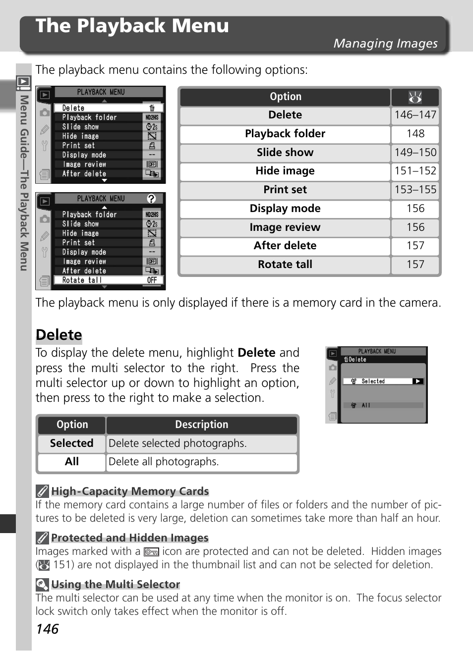 The playback menu, Delete | Nikon D2HS User Manual | Page 160 / 271